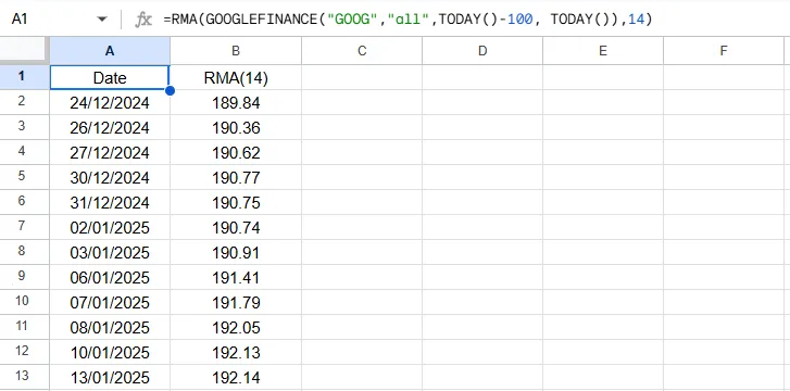RMA Formula Result in Google Sheets