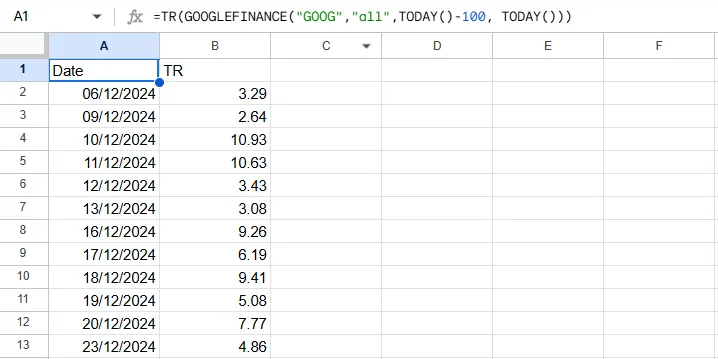 True Range Formula Result in Google Sheets