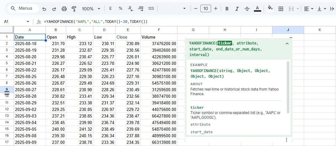 Yahoo Finance Function